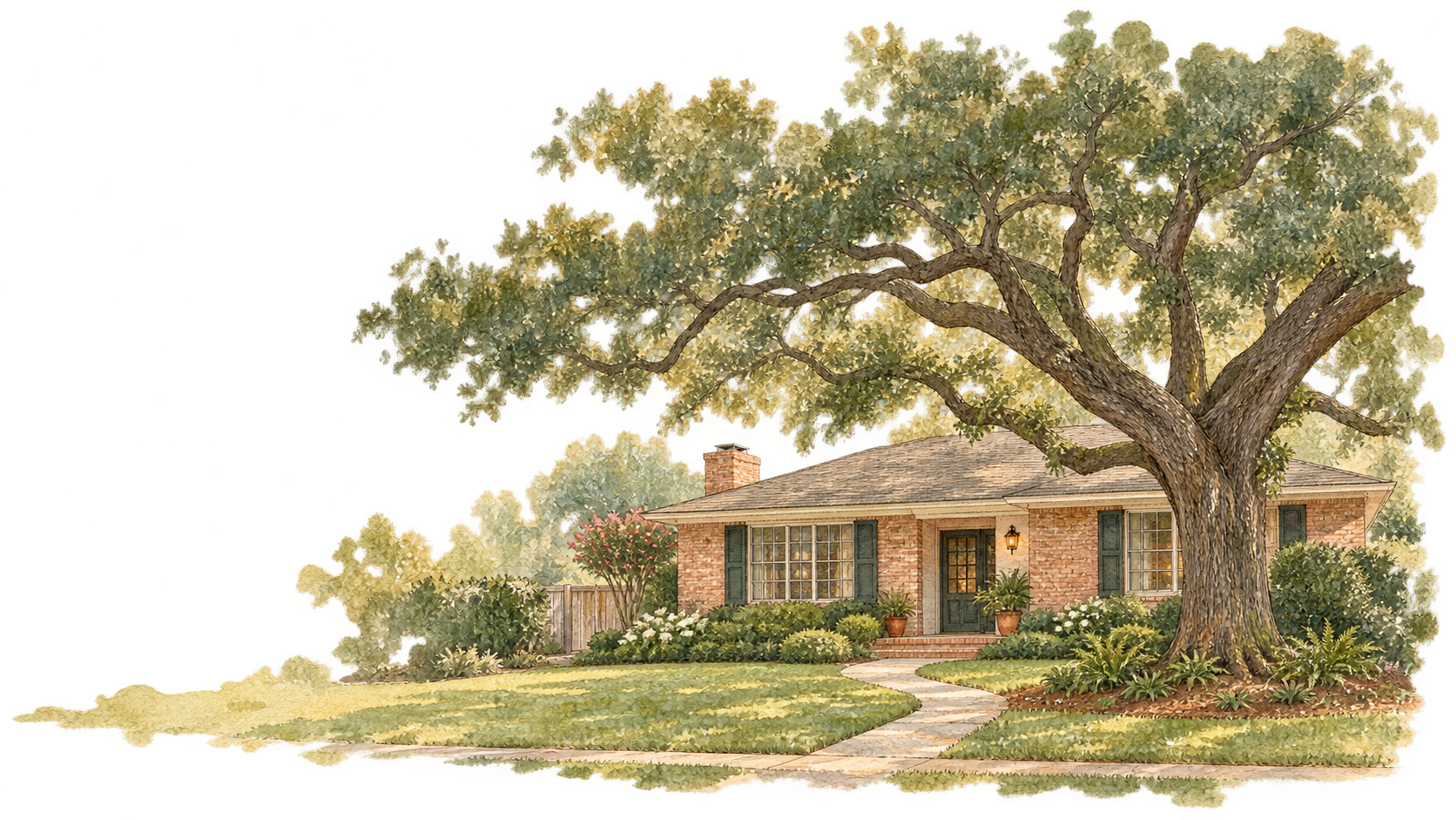 Watercolor sketch of a one-story brick ranch home beneath a mature oak tree